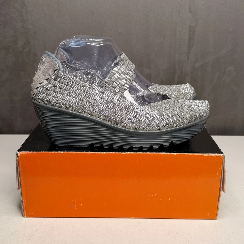 Bernie Mev Lulia Wedge Mary Jane Women 41 Silver Grey Woven Elastic Platform New